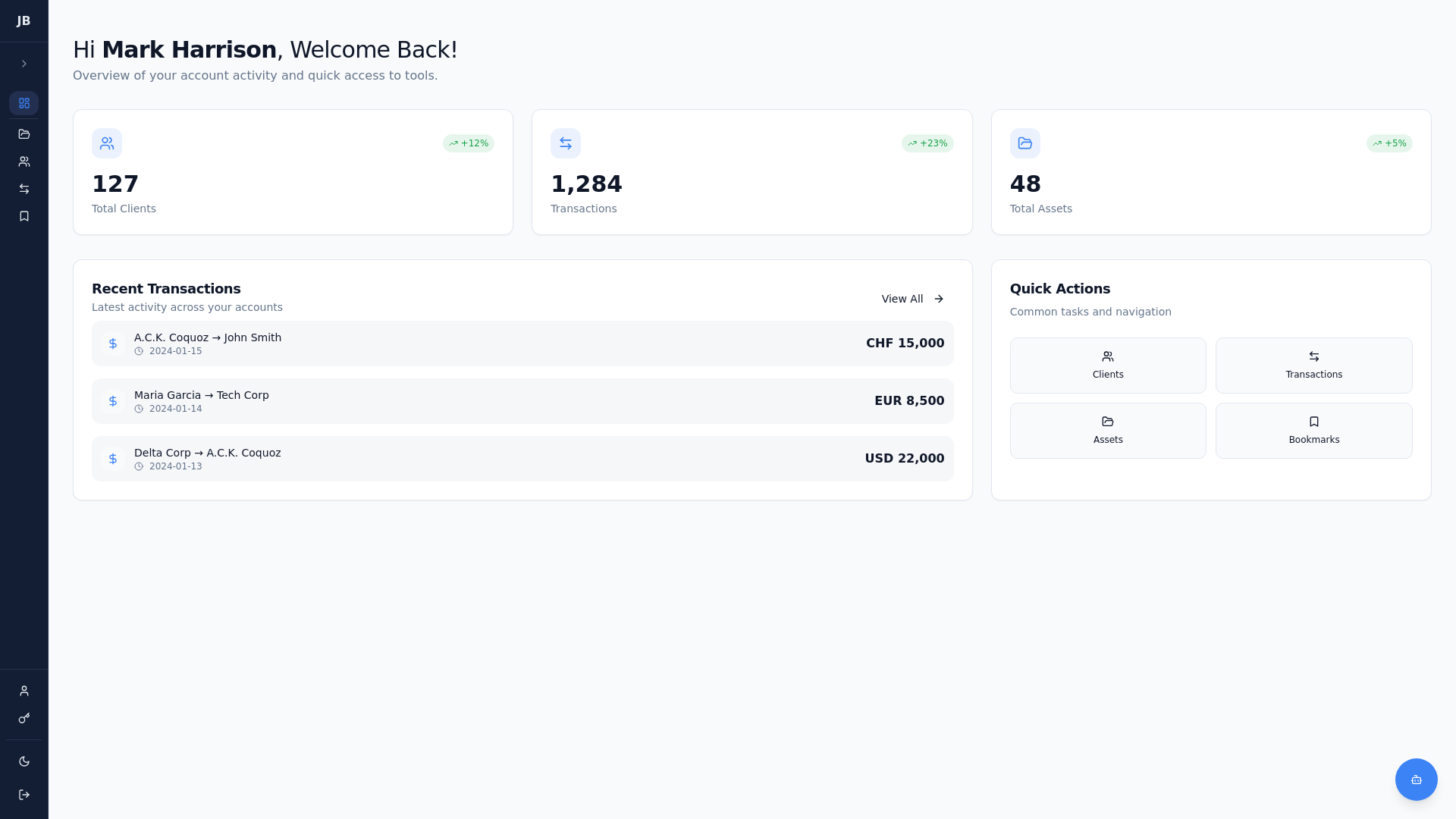 J & A Beare: Signed-in dashboard with collection totals, recent transactions and quick actions